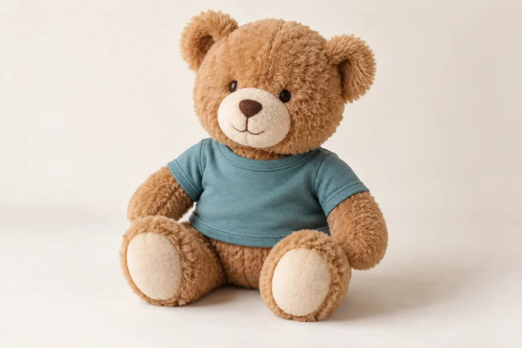 Oso de felpa color caramelo con camiseta verde azulado sobre fondo claro