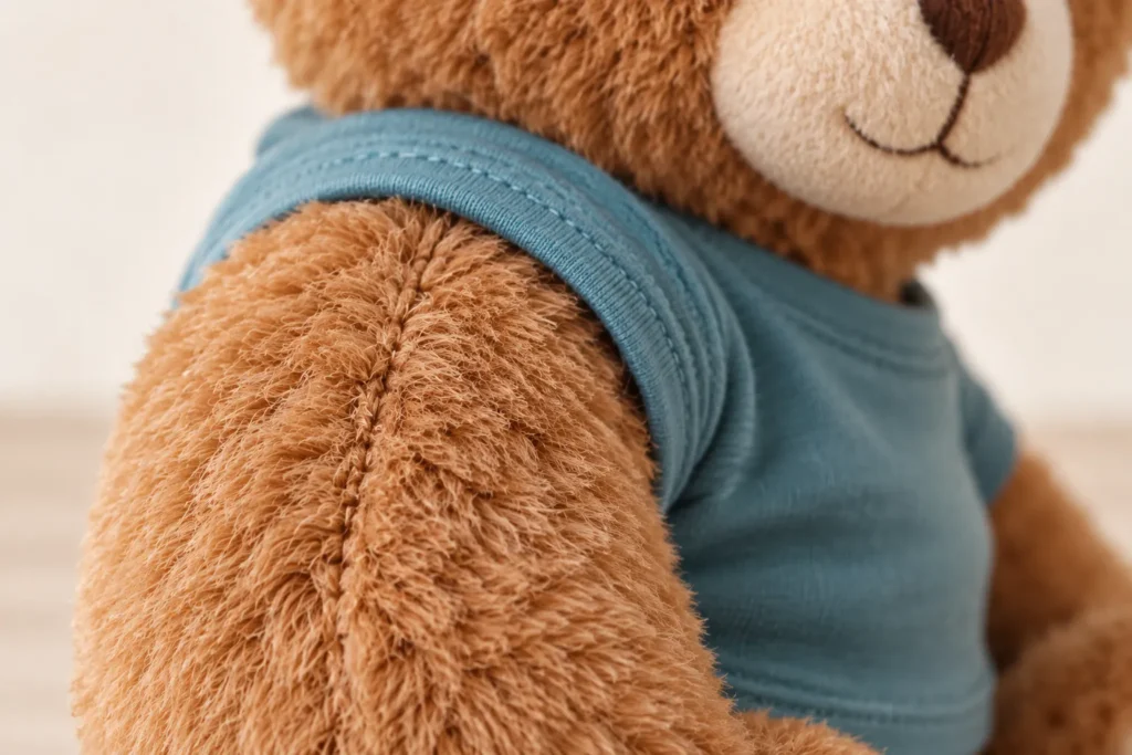 Primer plano de las fibras y la costura del brazo de un oso de felpa