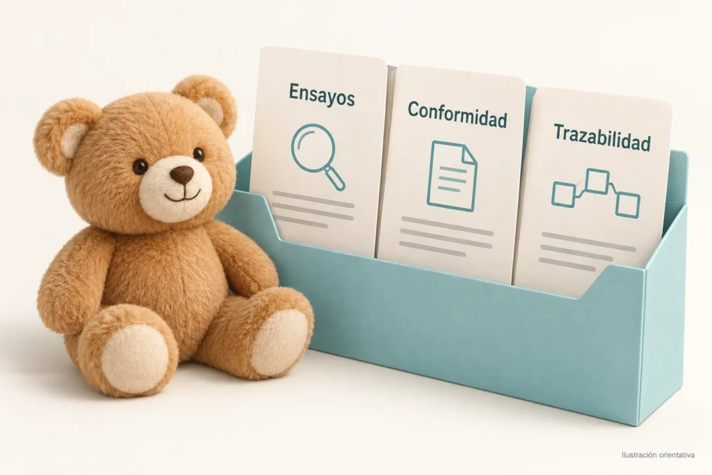 Ilustración de documentos de ensayos, conformidad y trazabilidad de peluches.