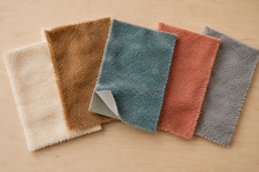 Cinco muestras de felpa en tonos crema, caramelo, verde azulado, coral y gris