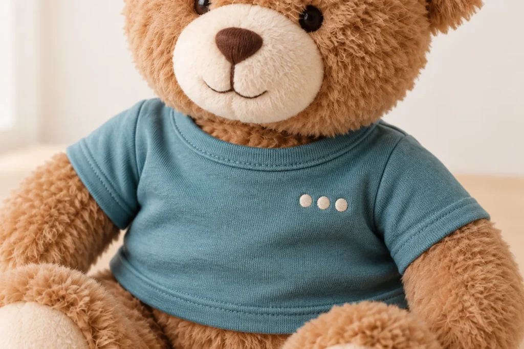 Tres puntos bordados en color crema sobre la camiseta verde azulado de un oso de peluche