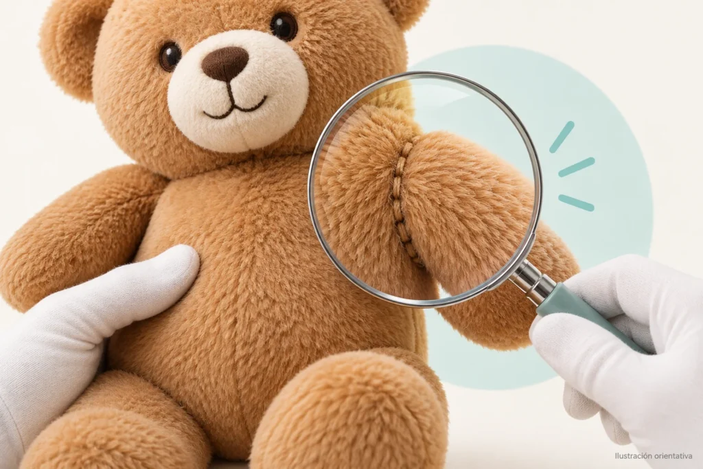 Ilustración de una revisión visual de las costuras de un peluche con lupa.