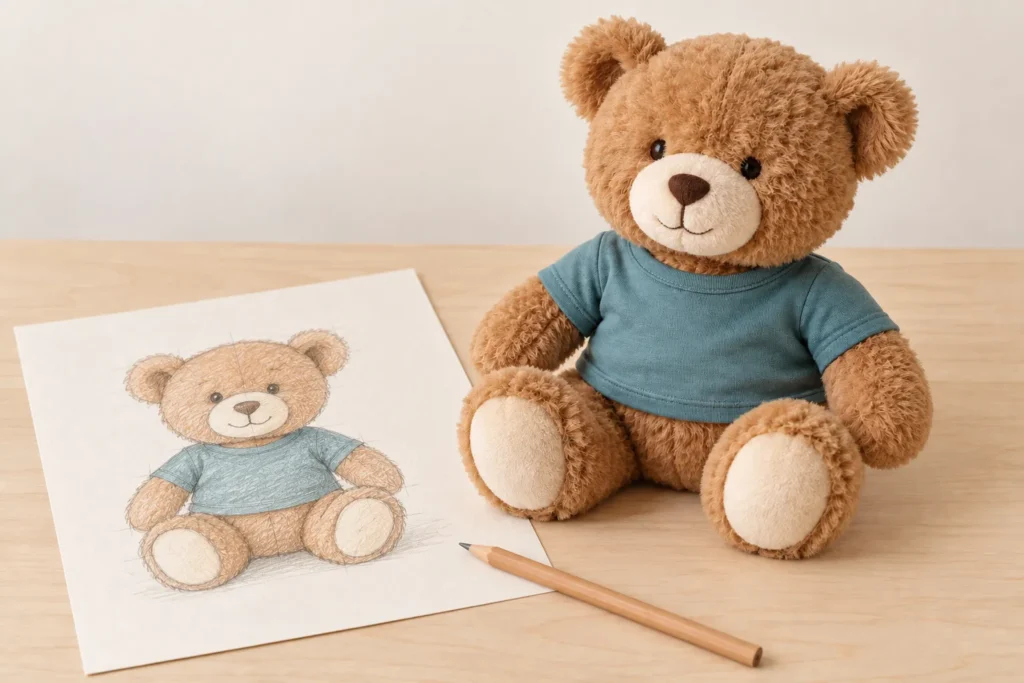 Dibujo de un oso con camiseta junto a su representación como peluche de felpa