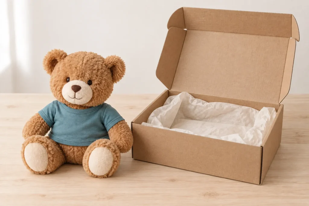 Oso de felpa con camiseta junto a una caja kraft abierta con papel de seda