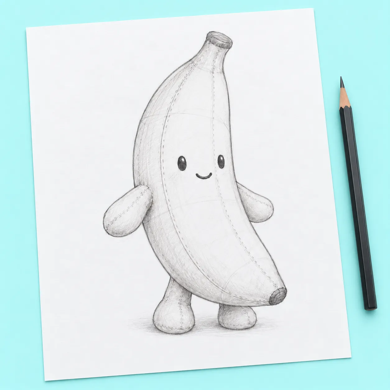 Boceto a lápiz de un peluche con forma de plátano, brazos y piernas, sobre una hoja blanca junto a un lápiz.