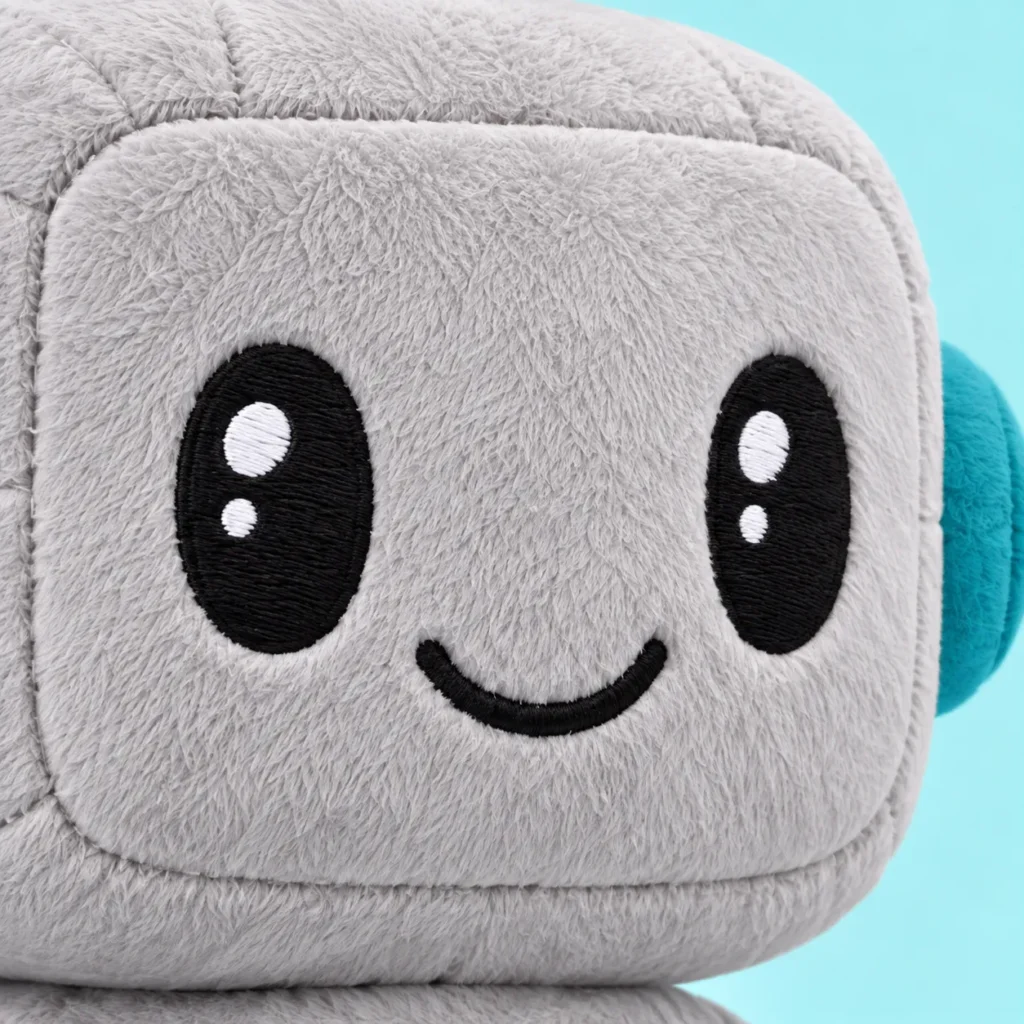 Primer plano de la cara de un robot de peluche gris con ojos y sonrisa bordados en negro y detalles blancos en los ojos.