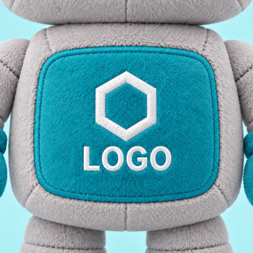 Primer plano del pecho de un robot de peluche con un símbolo hexagonal y la palabra LOGO bordados en blanco sobre tela turquesa.