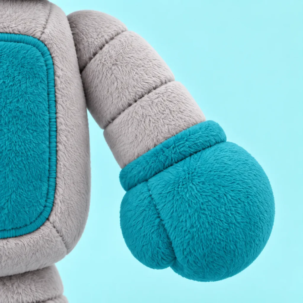 Primer plano del brazo gris y la mano turquesa de un robot de peluche, con sus costuras y uniones de tejidos.