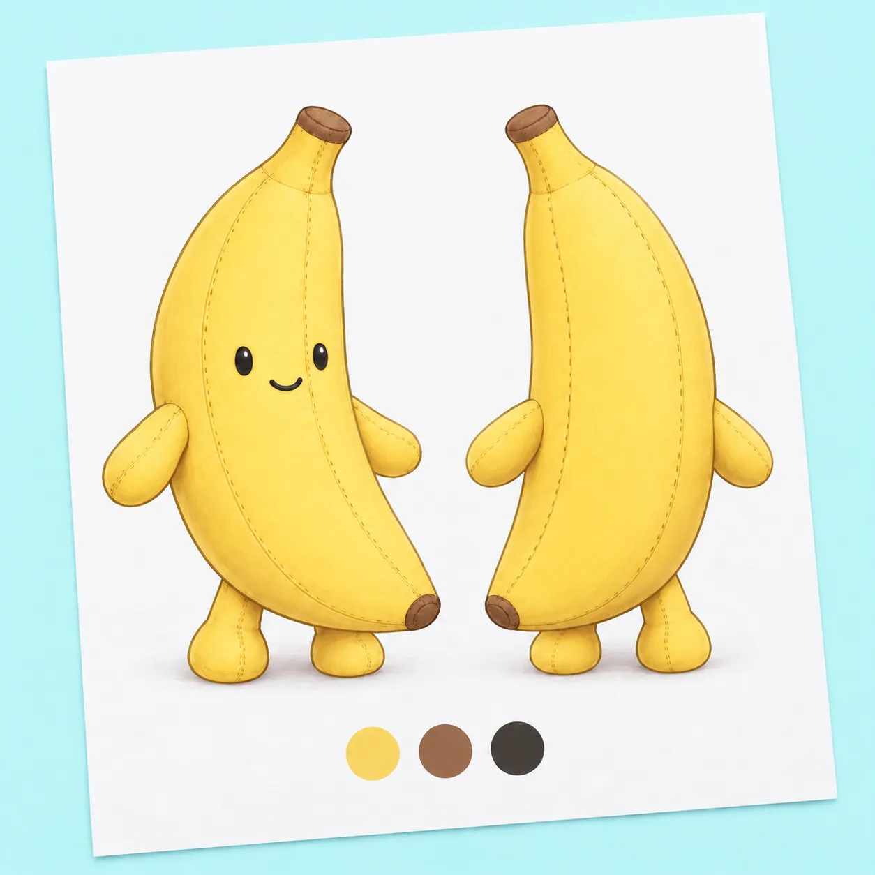 Diseño a color de un peluche de plátano, con vistas frontal y trasera y muestras de amarillo, marrón y negro.