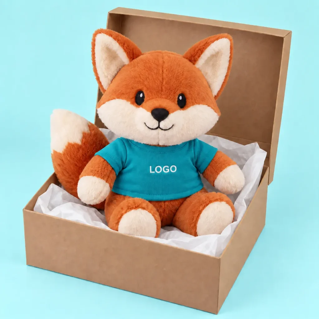Zorro de peluche con camiseta turquesa y logo, presentado en una caja kraft con papel de seda.