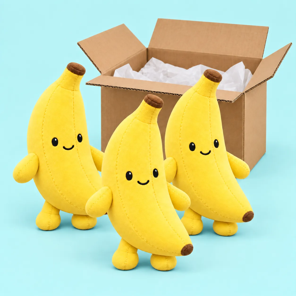 Tres peluches amarillos con forma de plátano delante de una caja de cartón abierta con papel de seda.