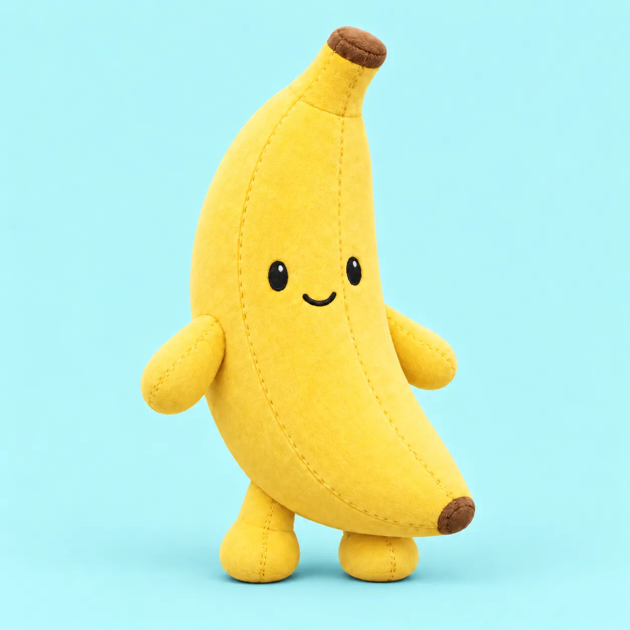 Peluche amarillo con forma de plátano, brazos y piernas, extremos marrones y cara bordada sobre fondo turquesa claro.
