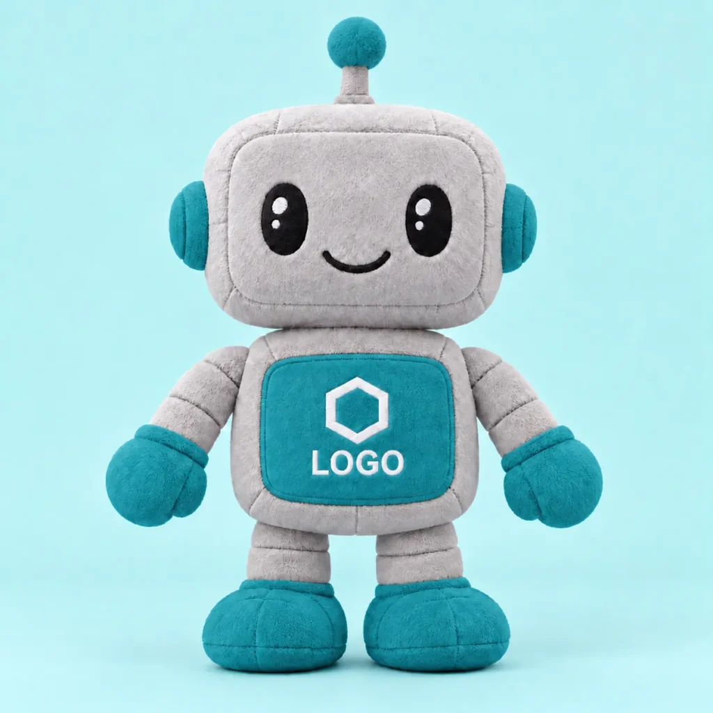Robot de peluche gris con detalles turquesa y un logo genérico bordado en el pecho.
