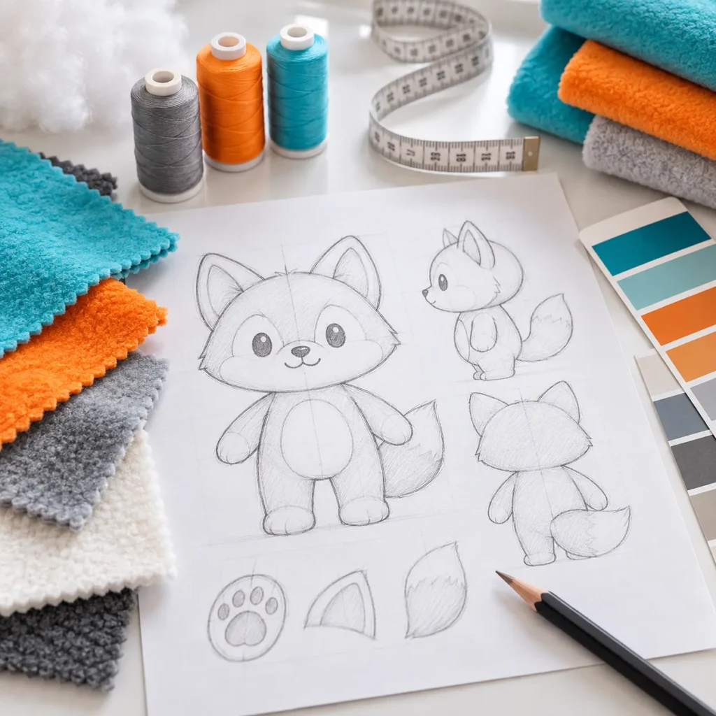 Boceto de personaje para fabricar un peluche personalizado junto a tejidos y muestras de color