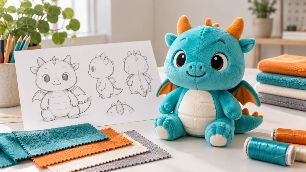 Boceto, muestras de tejido y peluche personalizado terminado en una mesa de diseño
