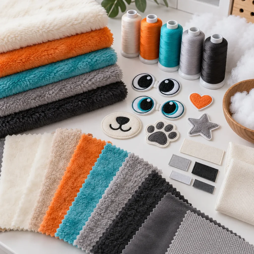 Muestras de tejidos, hilos, relleno y bordados para fabricar peluches personalizados