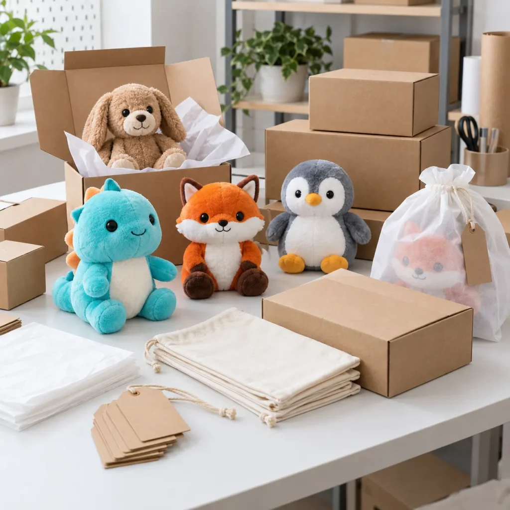 Peluches personalizados preparados con bolsas, etiquetas y cajas de envío sin marca