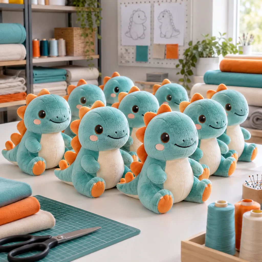 Lote de peluches personalizados iguales preparado sobre una mesa de producción textil