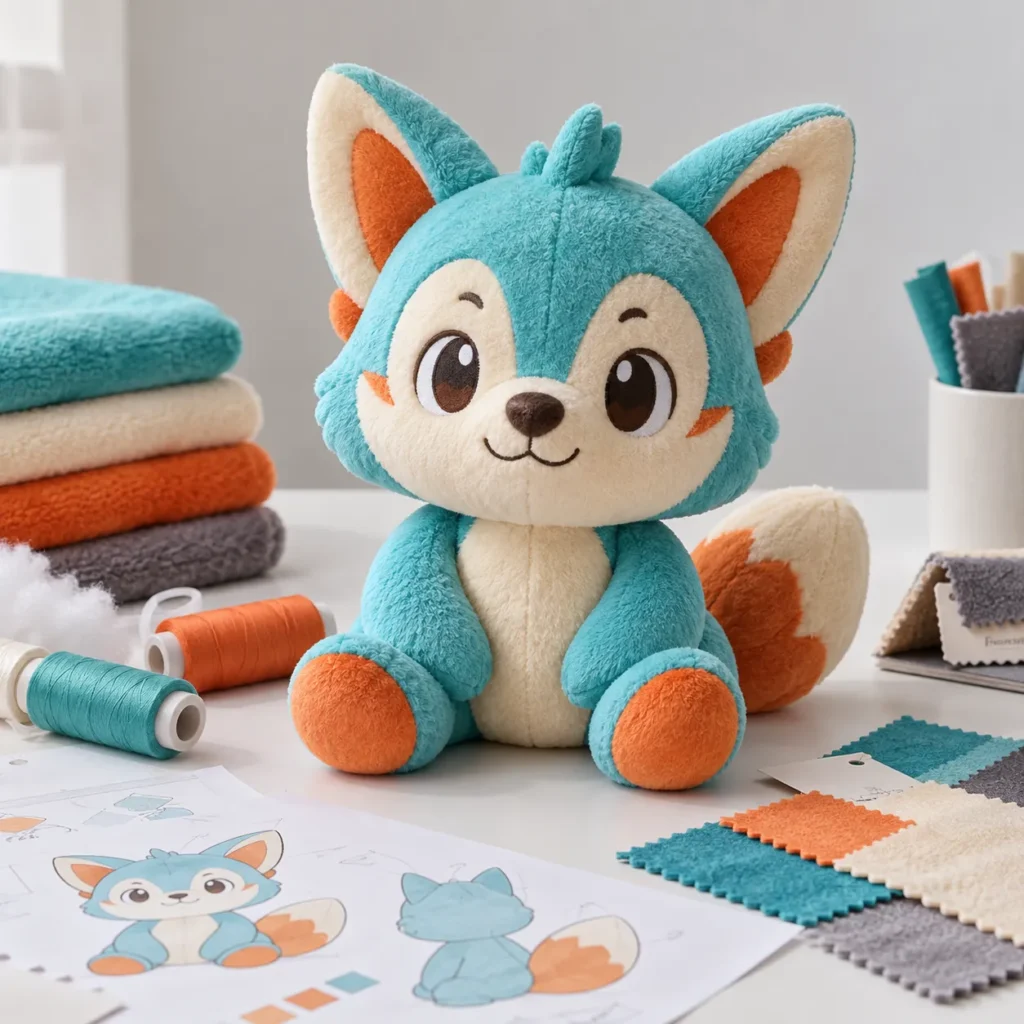 Prototipo de peluche personalizado con muestras de tejido, hilos y diseño de referencia