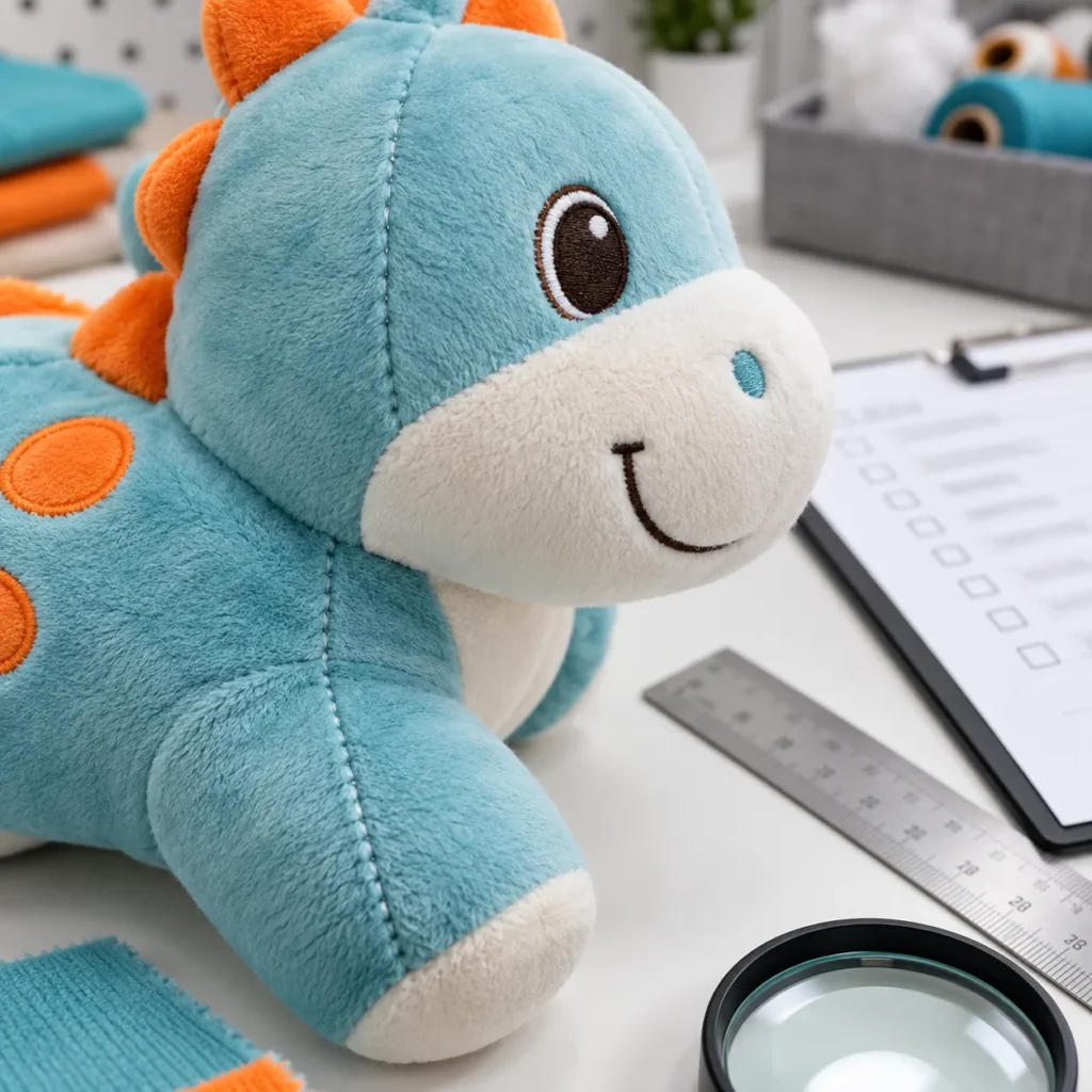 Detalle de costuras y bordado de un peluche personalizado durante la revisión de acabados